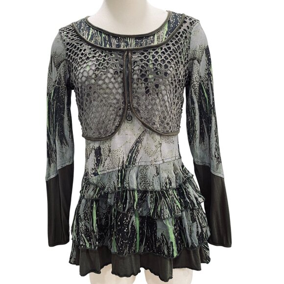 Adam Jacobs Boho Tunic Top XS Artsy Layered Mesh Long Sleeve Festival Grunge - Picture 7 of 12